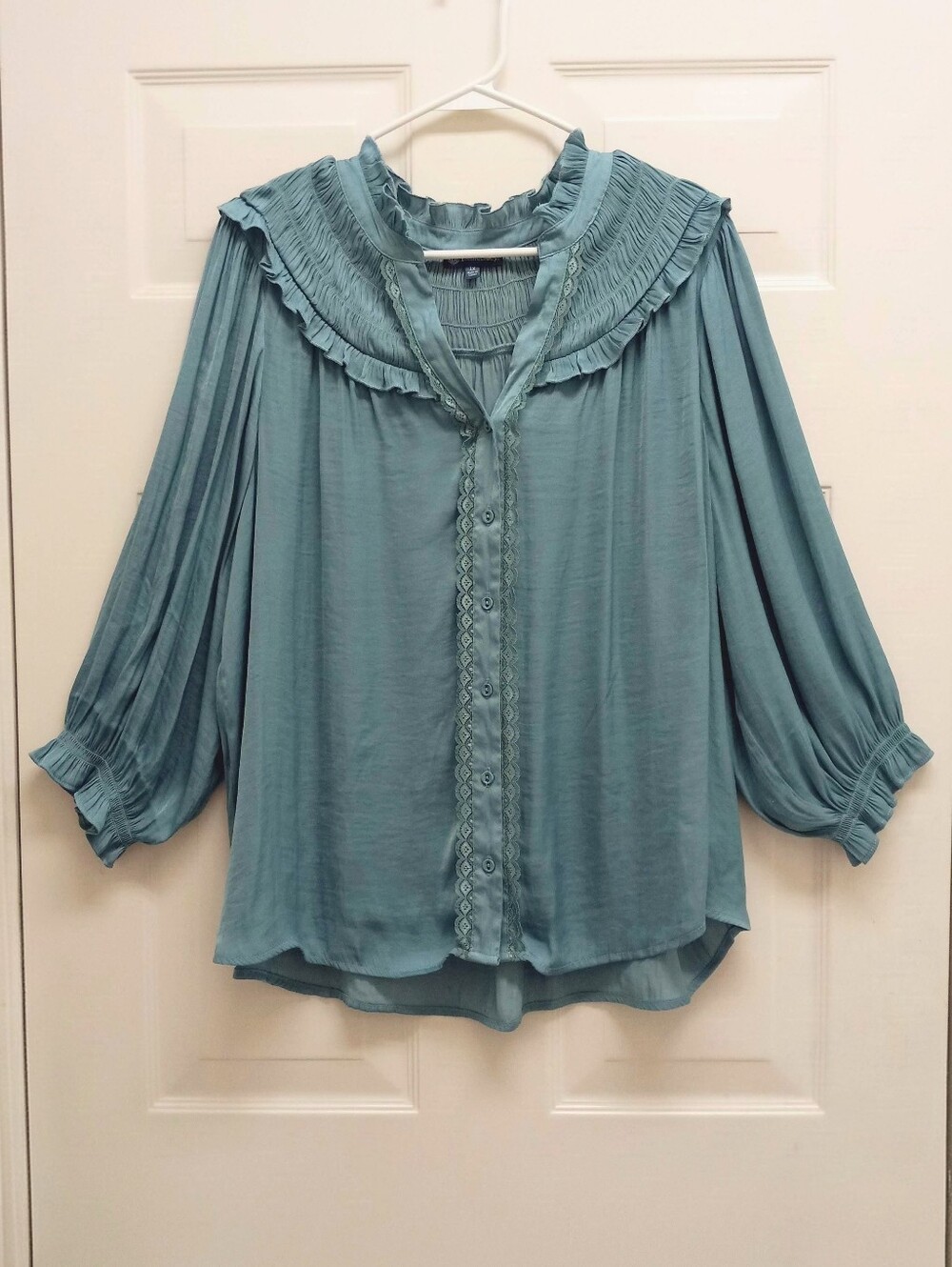 Democracy Ruffle Smocked Top Button Up 1X Teal Lace Boho Edwardian Victorian